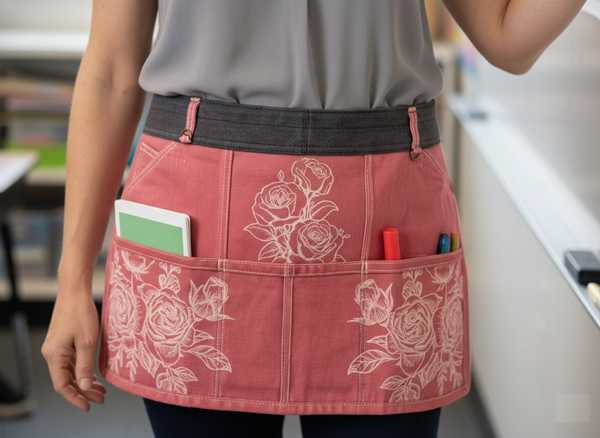 Hand made upcycled Pink Upcycled Denim Teacher's Waist Apron - Vibrant Sustainable Utility Apron with Deep Pockets No. 11 - 1