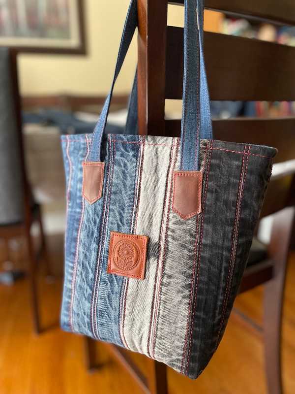 Hand made upcycled Denim tote patch work bag - 1