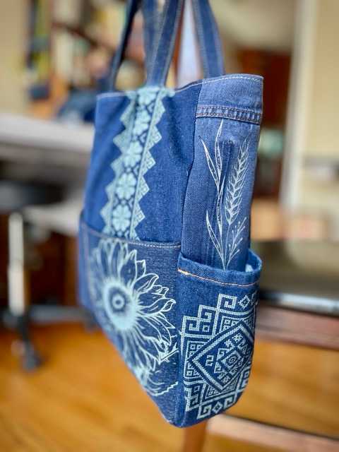 Hand made upcycled Upcycled Denim Ukrainian Themed Tote Bag - No. 47 - 3