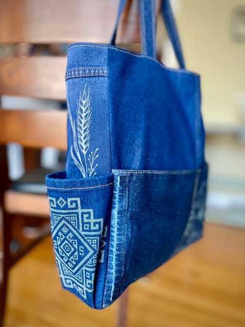 Hand made upcycled Upcycled Denim Ukrainian Themed Tote Bag - No. 47 - 4