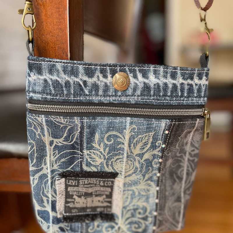 Handmade Upcycled Denim Crossbody Bag - Sustainable Shoulder Bag with Push-Button No. 28