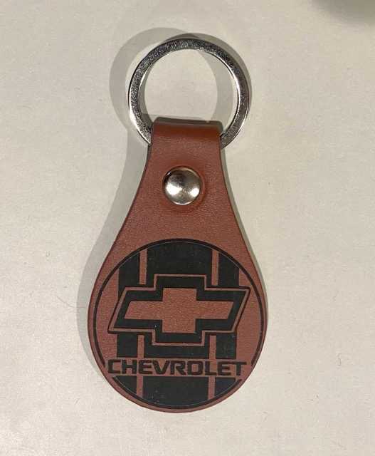 Hand made upcycled Chevrolet Chevy Logo & Bowtie Laser Engraved PU Leather Keyring - 1