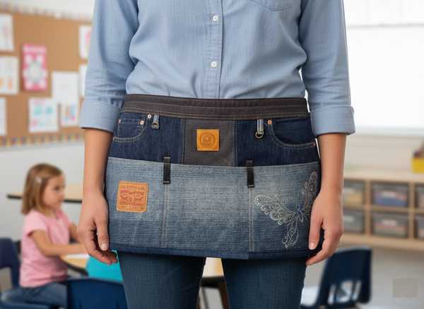 Hand made upcycled Upcycled Denim Teacher's Waist Apron - Heavy Duty Utility Pocket Apron for Classroom & Crafting No. 9 - 1