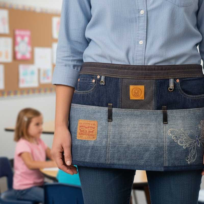 Upcycled Denim Teacher's Waist Apron - Heavy Duty Utility Pocket Apron for Classroom & Crafting No. 9