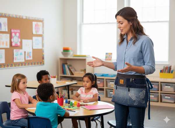 Hand made upcycled Upcycled Denim Teacher's Waist Apron - Heavy Duty Utility Pocket Apron for Classroom & Crafting No. 9 - 4