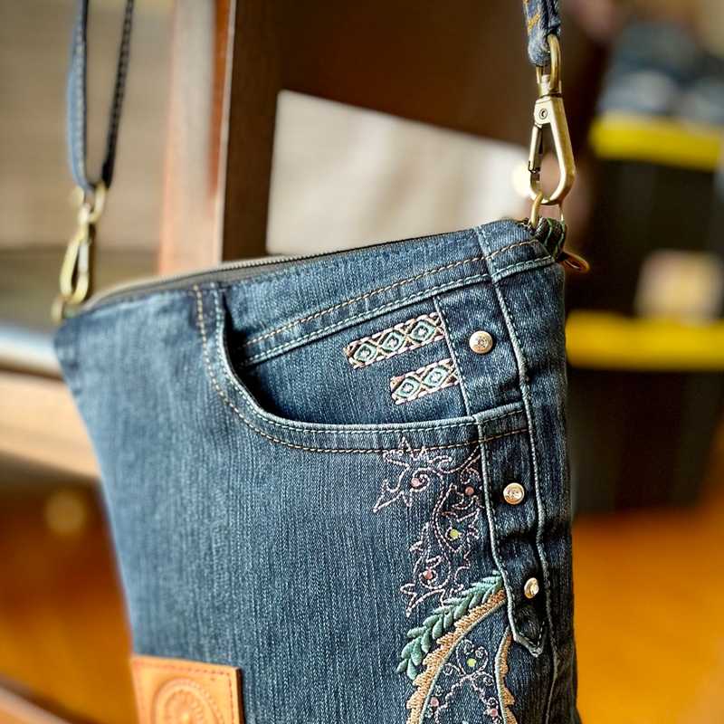 Small shoulder bag with embroidery upcycled denim