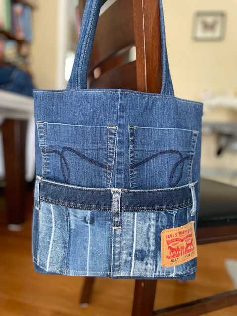 Hand made upcycled Upcycled Denim Tote Bag - Sustainable Multi-Pocket Tote No. 42 - 1