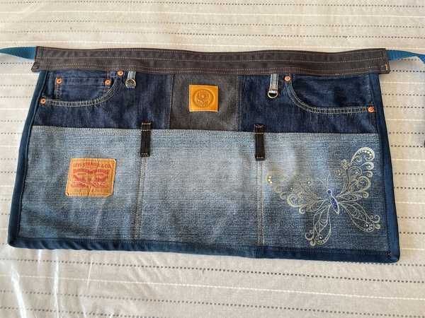 Hand made upcycled Upcycled Denim Teacher's Waist Apron - Heavy Duty Utility Pocket Apron for Classroom & Crafting No. 9 - 2