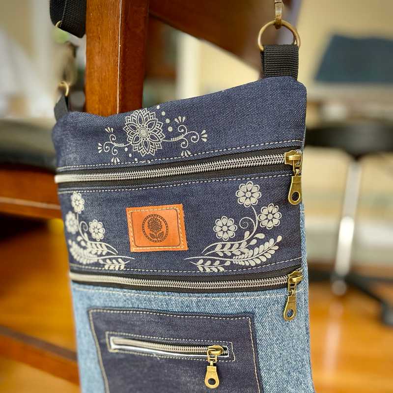 Handmade Upcycled Denim Crossbody Bag - Sustainable Shoulder Flat Bag No. 41