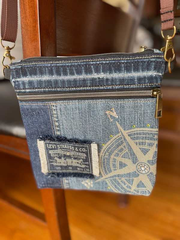Hand made upcycled Small Handmade Upcycled Denim Crossbody or Shoulder Bag No. 25 - 1